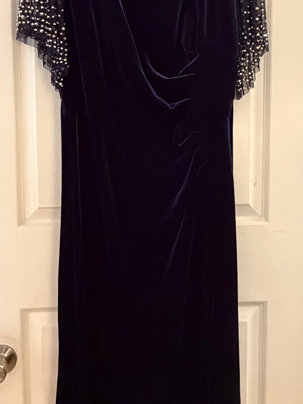Alex Evenings Navy Velvet Maxi Dress with Beaded Capelet